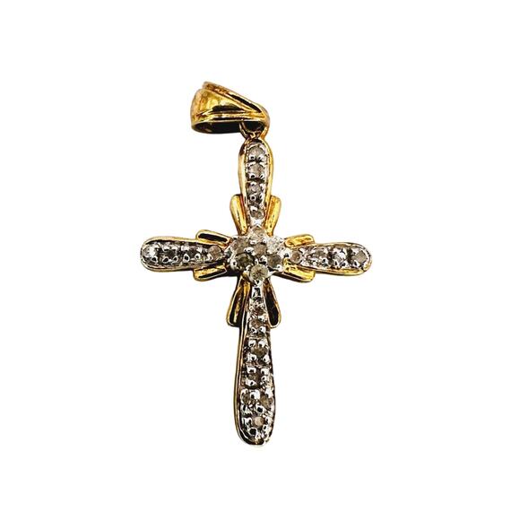 Vintage 10K Solid Yellow Gold 0.25 CTTW Diamond Cross Pendant - Picture 1 of 4